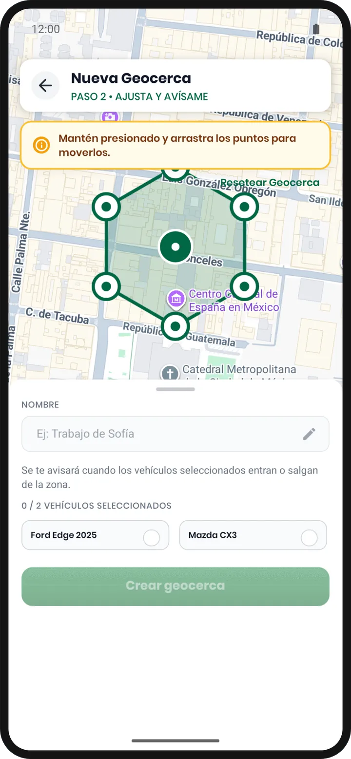 Figura de seis lados sobre el mapa con puntos de arrastre en cada esquina y el aviso para mantener presionado