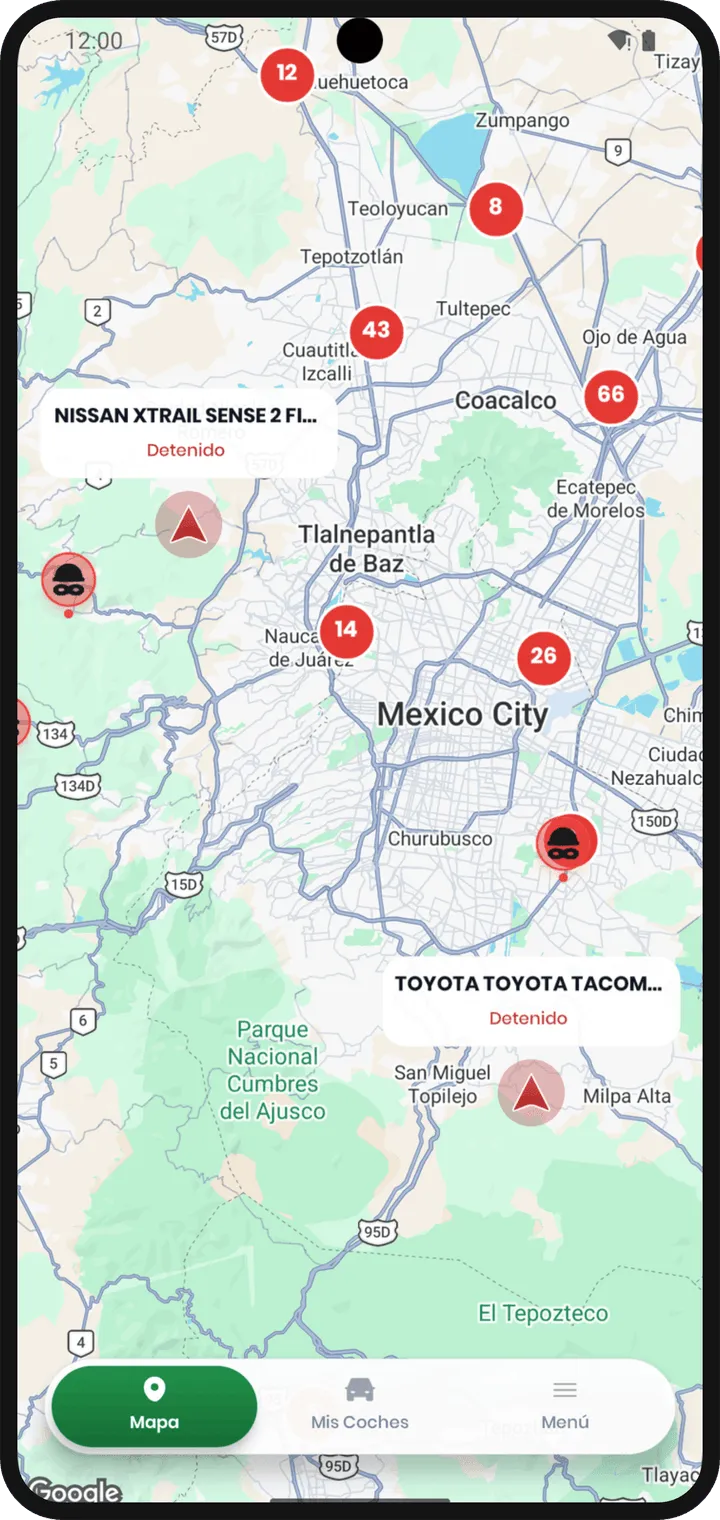 Pantalla principal de Encontrol con tus vehículos en el mapa.