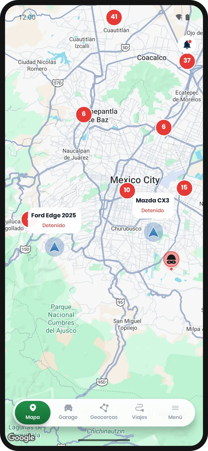 Pantalla Mapa con dos vehículos —Ford Edge 2025 y Mazda CX3, ambos Detenido—, varios círculos rojos con número, y la barra inferior Mapa, Garage, Geocercas, Viajes, Menú