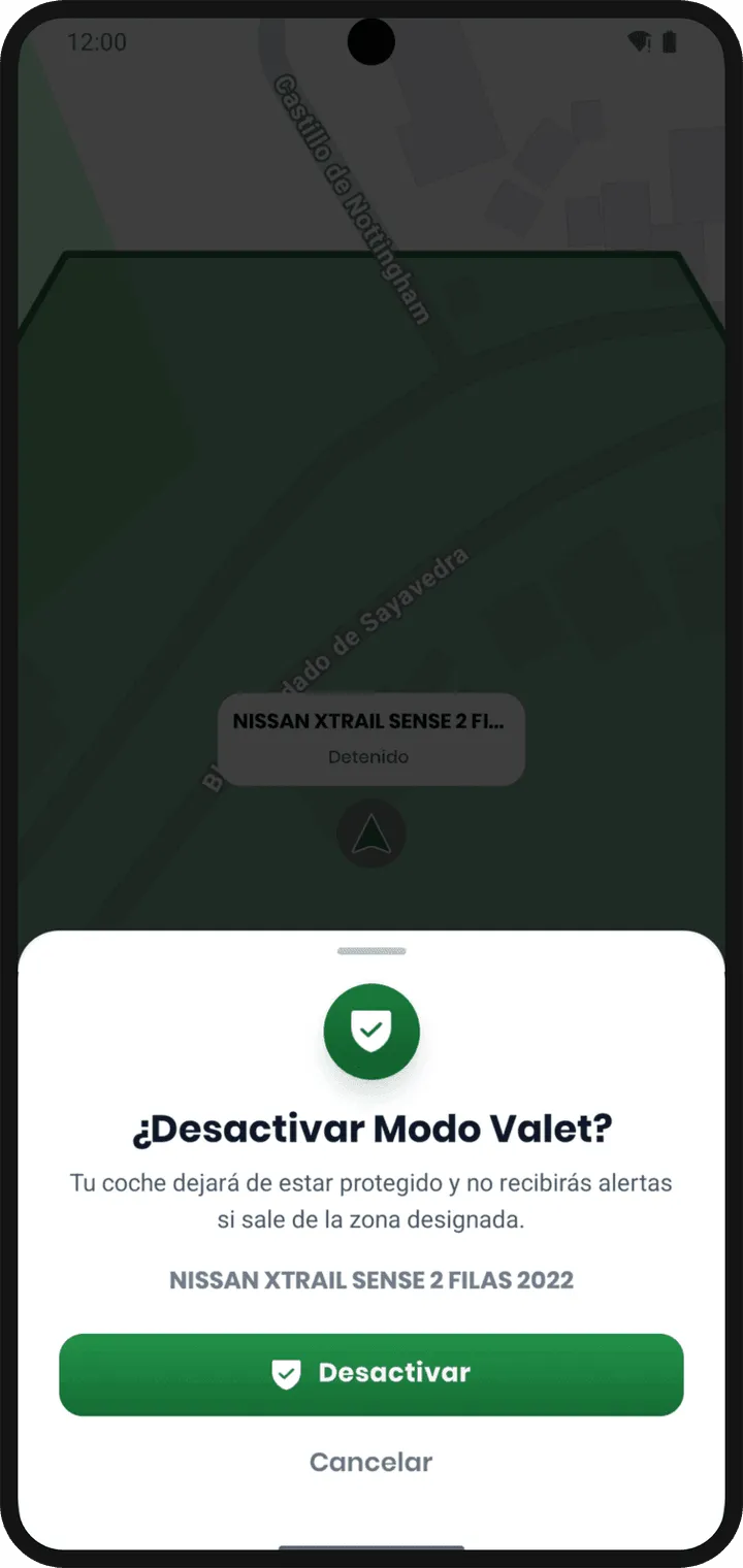 Aviso ¿Desactivar Modo Valet? en encontrol con el botón verde Desactivar.