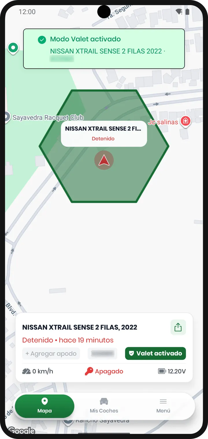Mapa de encontrol con la zona de Modo Valet alrededor del vehículo y la tarjeta mostrando Valet activada.