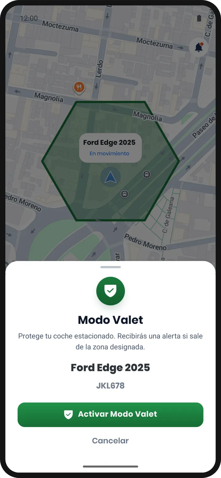Hoja de confirmación de Modo Valet con la zona dibujada en el mapa alrededor del vehículo y el botón Activar Modo Valet.