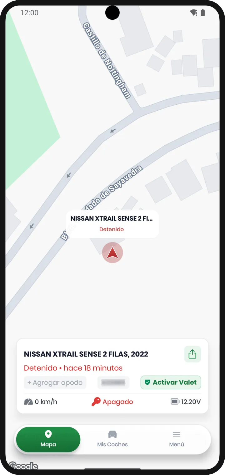Tarjeta del vehículo en encontrol con el botón verde Activar Valet.
